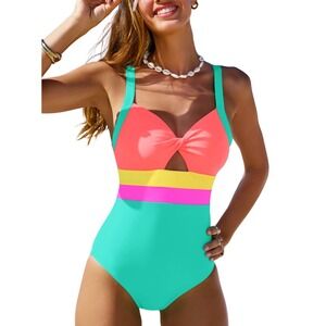 NWT Popvil Womens Neon One Piece Swimsuit Tummy Control Retro Bow Front Large